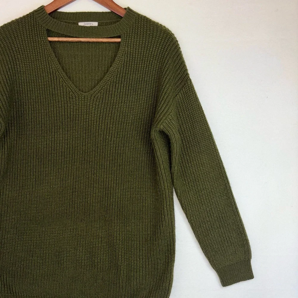 JODIFL Y2K Women Green Knit Sweater Top‎ Long Sleeve Cutout V Oversized Medium